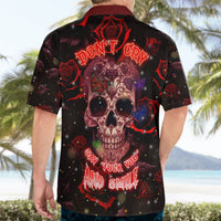 Black skull Hawaiian shirt with red collar and back neon skull graphic with roses
