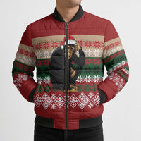 Chimpanzee Christmas Bomber Puffer Jacket Chimpanzee Wearing Santa Hat - Red Green Snowflake - Wonder Print Shop