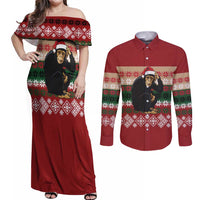 Chimpanzee Christmas Couples Matching Off Shoulder Maxi Dress and Long Sleeve Button Shirt Chimpanzee Wearing Santa Hat - Red Green Snowflake - Wonder Print Shop
