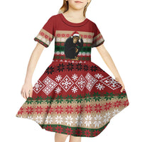 Chimpanzee Christmas Kid Short Sleeve Dress Chimpanzee Wearing Santa Hat - Red Green Snowflake - Wonder Print Shop