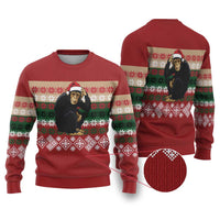 Chimpanzee Christmas Ugly Christmas Sweater Chimpanzee Wearing Santa Hat - Red Green Snowflake - Wonder Print Shop
