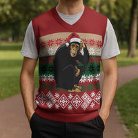 Chimpanzee Christmas Knitted V-Neck Vest Chimpanzee Wearing Santa Hat - Red Green Snowflake - Wonder Print Shop