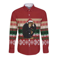 Chimpanzee Christmas Long Sleeve Button Shirt Chimpanzee Wearing Santa Hat - Red Green Snowflake - Wonder Print Shop