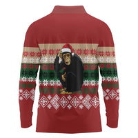 Chimpanzee Christmas Long Sleeve Polo Shirt Chimpanzee Wearing Santa Hat - Red Green Snowflake - Wonder Print Shop