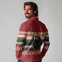Chimpanzee Christmas Long Sleeve Polo Shirt Chimpanzee Wearing Santa Hat - Red Green Snowflake - Wonder Print Shop