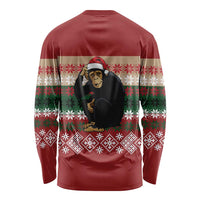 Chimpanzee Christmas Long Sleeve Shirt Chimpanzee Wearing Santa Hat - Red Green Snowflake - Wonder Print Shop