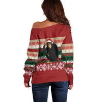 Chimpanzee Christmas Off Shoulder Sweater Chimpanzee Wearing Santa Hat - Red Green Snowflake - Wonder Print Shop