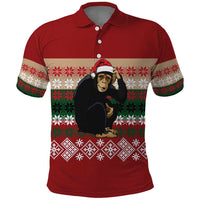 Chimpanzee Christmas Polo Shirt Chimpanzee Wearing Santa Hat - Red Green Snowflake - Wonder Print Shop