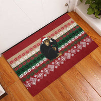 Chimpanzee Christmas Rubber Doormat Chimpanzee Wearing Santa Hat - Red Green Snowflake - Wonder Print Shop