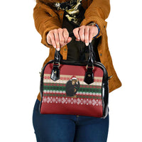 Chimpanzee Christmas Shoulder Handbag Chimpanzee Wearing Santa Hat - Red Green Snowflake - Wonder Print Shop