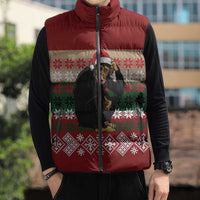 Chimpanzee Christmas Sleeveless Puffer Jacket Chimpanzee Wearing Santa Hat - Red Green Snowflake - Wonder Print Shop