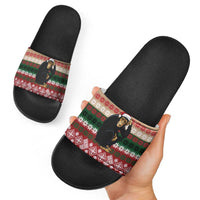 Chimpanzee Christmas Slide Sandals Chimpanzee Wearing Santa Hat - Red Green Snowflake - Wonder Print Shop
