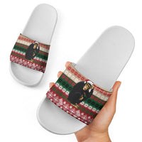 Chimpanzee Christmas Slide Sandals Chimpanzee Wearing Santa Hat - Red Green Snowflake - Wonder Print Shop