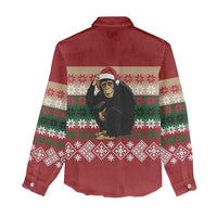 Chimpanzee Christmas Women Casual Shirt Chimpanzee Wearing Santa Hat - Red Green Snowflake - Wonder Print Shop