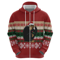 Chimpanzee Christmas Zip Hoodie Chimpanzee Wearing Santa Hat - Red Green Snowflake - Wonder Print Shop