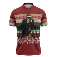 Chimpanzee Christmas Zipper Polo Shirt Chimpanzee Wearing Santa Hat - Red Green Snowflake - Wonder Print Shop