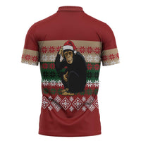 Chimpanzee Christmas Zipper Polo Shirt Chimpanzee Wearing Santa Hat - Red Green Snowflake - Wonder Print Shop