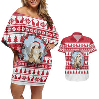Christmas Santa Bunny Rabbits Couples Matching Off Shoulder Short Dress and Hawaiian Shirt Red White Tree Snowflake Pattern - Wonder Print Shop