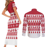 Christmas Santa Bunny Rabbits Couples Matching Short Sleeve Bodycon Dress and Long Sleeve Button Shirt Red White Tree Snowflake Pattern - Wonder Print Shop