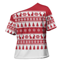 Christmas Santa Bunny Rabbits Cross Shoulder Shirt Red White Tree Snowflake Pattern - Wonder Print Shop