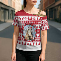 Christmas Santa Bunny Rabbits Cross Shoulder Shirt Red White Tree Snowflake Pattern - Wonder Print Shop