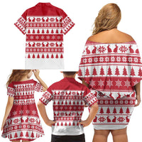 Christmas Santa Bunny Rabbits Family Matching Off Shoulder Short Dress and Hawaiian Shirt Red White Tree Snowflake Pattern - Wonder Print Shop