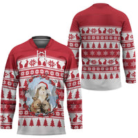 Christmas Santa Bunny Rabbits Hockey Jersey Red White Tree Snowflake Pattern - Wonder Print Shop