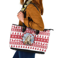 Christmas Santa Bunny Rabbits Leather Tote Bag Red White Tree Snowflake Pattern - Wonder Print Shop