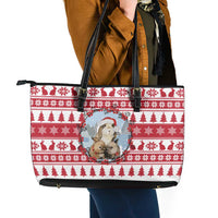 Christmas Santa Bunny Rabbits Leather Tote Bag Red White Tree Snowflake Pattern - Wonder Print Shop