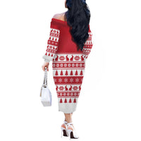 Christmas Santa Bunny Rabbits Off The Shoulder Long Sleeve Dress Red White Tree Snowflake Pattern - Wonder Print Shop