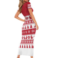 Christmas Santa Bunny Rabbits Short Sleeve Bodycon Dress Red White Tree Snowflake Pattern - Wonder Print Shop