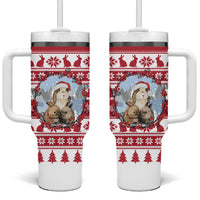 Christmas Santa Bunny Rabbits Tumbler With Handle Red White Tree Snowflake Pattern - Wonder Print Shop
