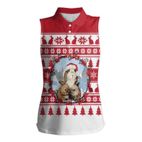 Christmas Santa Bunny Rabbits Women Sleeveless Polo Shirt Red White Tree Snowflake Pattern - Wonder Print Shop