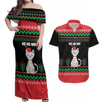 Christmas Cat Couples Matching Off Shoulder Maxi Dress and Hawaiian Shirt with Grumpy Cat in Santa Hat Holiday Lights - Wonder Print Shop