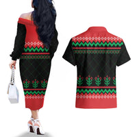 Christmas Cat Couples Matching Off The Shoulder Long Sleeve Dress and Hawaiian Shirt with Grumpy Cat in Santa Hat Holiday Lights - Wonder Print Shop