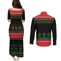 Christmas Cat Couples Matching Puletasi and Long Sleeve Button Shirt with Grumpy Cat in Santa Hat Holiday Lights - Wonder Print Shop