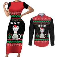 Christmas Cat Couples Matching Short Sleeve Bodycon Dress and Long Sleeve Button Shirt with Grumpy Cat in Santa Hat Holiday Lights - Wonder Print Shop