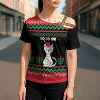 Christmas Cat Cross Shoulder Shirt with Grumpy Cat in Santa Hat Holiday Lights - Wonder Print Shop