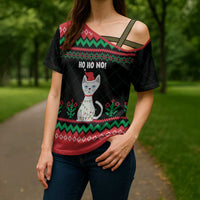 Christmas Cat Cross Shoulder Shirt with Grumpy Cat in Santa Hat Holiday Lights - Wonder Print Shop