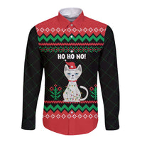 Christmas Cat Long Sleeve Button Shirt with Grumpy Cat in Santa Hat Holiday Lights - Wonder Print Shop