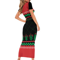 Christmas Cat Short Sleeve Bodycon Dress with Grumpy Cat in Santa Hat Holiday Lights - Wonder Print Shop