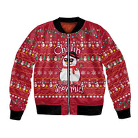 Christmas Chillin With My Snowmies Bomber Jacket Cool Snowman Red Snowflake Light String - Wonder Print Shop