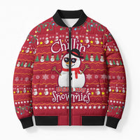 Christmas Chillin With My Snowmies Bomber Puffer Jacket Cool Snowman Red Snowflake Light String - Wonder Print Shop
