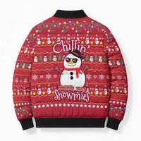 Christmas Chillin With My Snowmies Bomber Puffer Jacket Cool Snowman Red Snowflake Light String - Wonder Print Shop