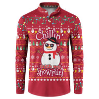 Christmas Chillin With My Snowmies Button Sweatshirt Cool Snowman Red Snowflake Light String - Wonder Print Shop