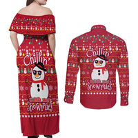 Christmas Chillin With My Snowmies Couples Matching Off Shoulder Maxi Dress and Long Sleeve Button Shirt Cool Snowman Red Snowflake Light String - Wonder Print Shop