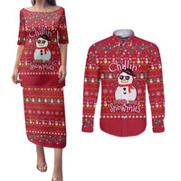 Christmas Chillin With My Snowmies Couples Matching Puletasi and Long Sleeve Button Shirt Cool Snowman Red Snowflake Light String - Wonder Print Shop