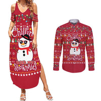 Christmas Chillin With My Snowmies Couples Matching Summer Maxi Dress and Long Sleeve Button Shirt Cool Snowman Red Snowflake Light String - Wonder Print Shop