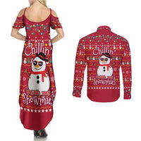 Christmas Chillin With My Snowmies Couples Matching Summer Maxi Dress and Long Sleeve Button Shirt Cool Snowman Red Snowflake Light String - Wonder Print Shop