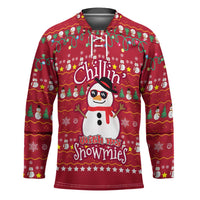 Christmas Chillin With My Snowmies Hockey Jersey Cool Snowman Red Snowflake Light String - Wonder Print Shop